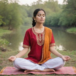 A girl in traditional Punjabi attire peacefully meditating in a serene, natural environment.