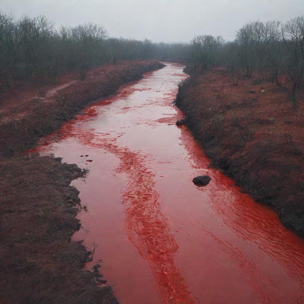 A dismal scene of a river tainted with the cruelty of war, its currents carrying the red hue of spilled blood amidst an environment of deserted battlegrounds.