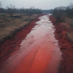 A dismal scene of a river tainted with the cruelty of war, its currents carrying the red hue of spilled blood amidst an environment of deserted battlegrounds.