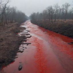 A dismal scene of a river tainted with the cruelty of war, its currents carrying the red hue of spilled blood amidst an environment of deserted battlegrounds.