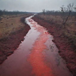 A dismal scene of a river tainted with the cruelty of war, its currents carrying the red hue of spilled blood amidst an environment of deserted battlegrounds.