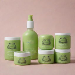 Skincare products with a frog-themed packaging design