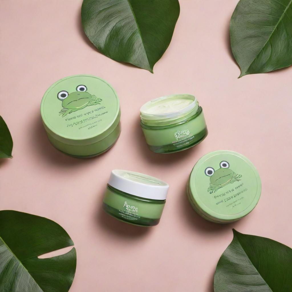 Skincare products with a frog-themed packaging design