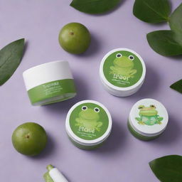 Skincare products with a frog-themed packaging design