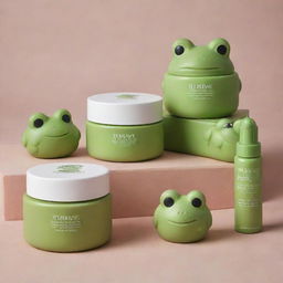 Skincare products with a frog-themed packaging design