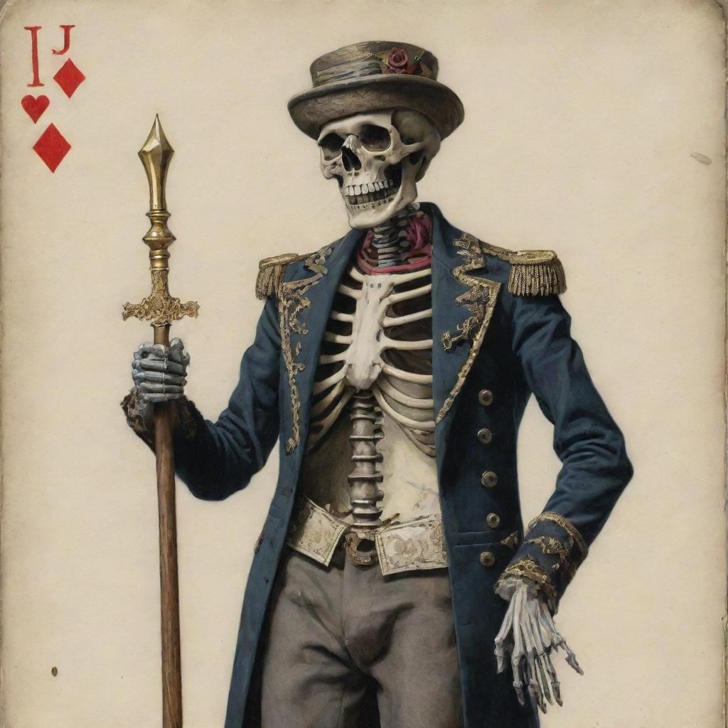 A detailed image of a skeleton represented as Jack in a deck of cards with Victorian-era clothing and a scepter in his hand.