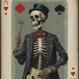 A detailed image of a skeleton represented as Jack in a deck of cards with Victorian-era clothing and a scepter in his hand.