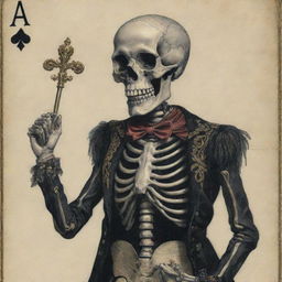 A detailed image of a skeleton represented as Jack in a deck of cards with Victorian-era clothing and a scepter in his hand.