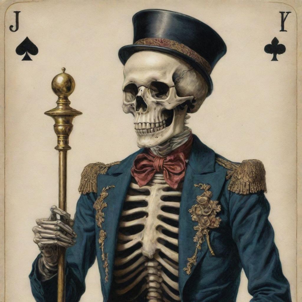 A detailed image of a skeleton represented as Jack in a deck of cards with Victorian-era clothing and a scepter in his hand.