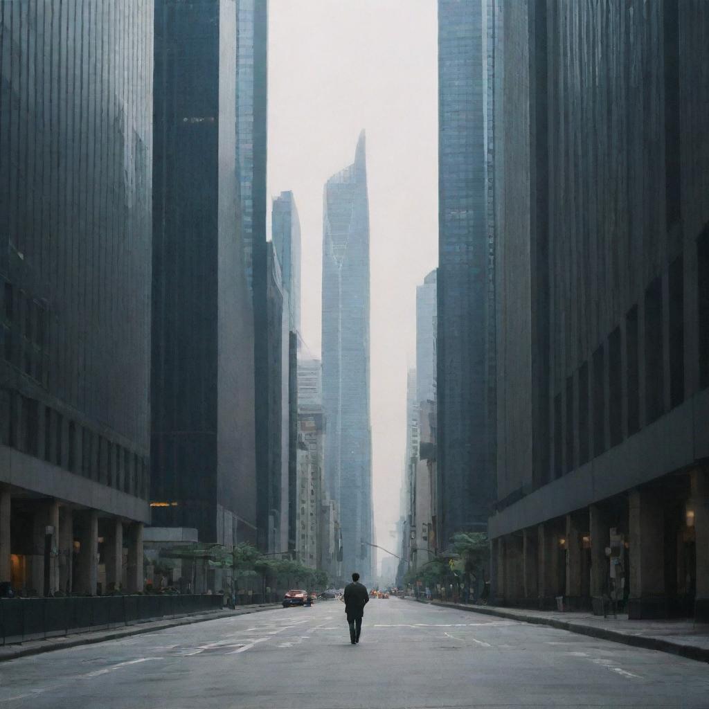 A solitary man strolling through a bustling, towering city, immersed in a sea of skyscrapers.