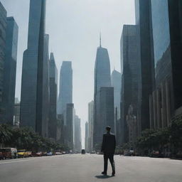 A solitary man strolling through a bustling, towering city, immersed in a sea of skyscrapers.