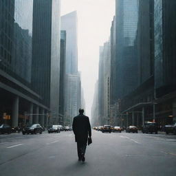 A solitary man strolling through a bustling, towering city, immersed in a sea of skyscrapers.