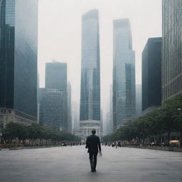 A solitary man strolling through a bustling, towering city, immersed in a sea of skyscrapers.