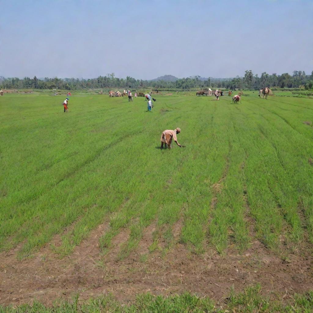 Punjabi farmers working in lush green paddy fields under a clear blue sky. Some are tilling the soil while others are harvesting the crops, with traditional Indian farm equipment and wearing typical Punjabi clothing.