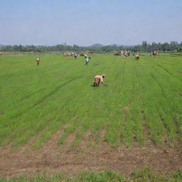 Punjabi farmers working in lush green paddy fields under a clear blue sky. Some are tilling the soil while others are harvesting the crops, with traditional Indian farm equipment and wearing typical Punjabi clothing.