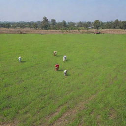 Punjabi farmers working in lush green paddy fields under a clear blue sky. Some are tilling the soil while others are harvesting the crops, with traditional Indian farm equipment and wearing typical Punjabi clothing.