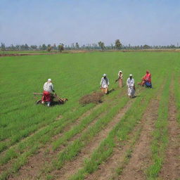 Punjabi farmers working in lush green paddy fields under a clear blue sky. Some are tilling the soil while others are harvesting the crops, with traditional Indian farm equipment and wearing typical Punjabi clothing.