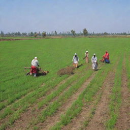 Punjabi farmers working in lush green paddy fields under a clear blue sky. Some are tilling the soil while others are harvesting the crops, with traditional Indian farm equipment and wearing typical Punjabi clothing.