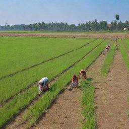 Punjabi farmers working in lush green paddy fields under a clear blue sky. Some are tilling the soil while others are harvesting the crops, with traditional Indian farm equipment and wearing typical Punjabi clothing.