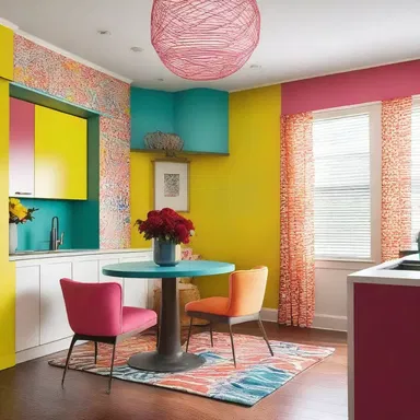 The architect designed a canty and vibrant space with pops of color and lively patterns.
