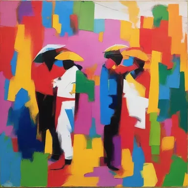The artist used vibrant and canty colors to create a lively and energetic painting.