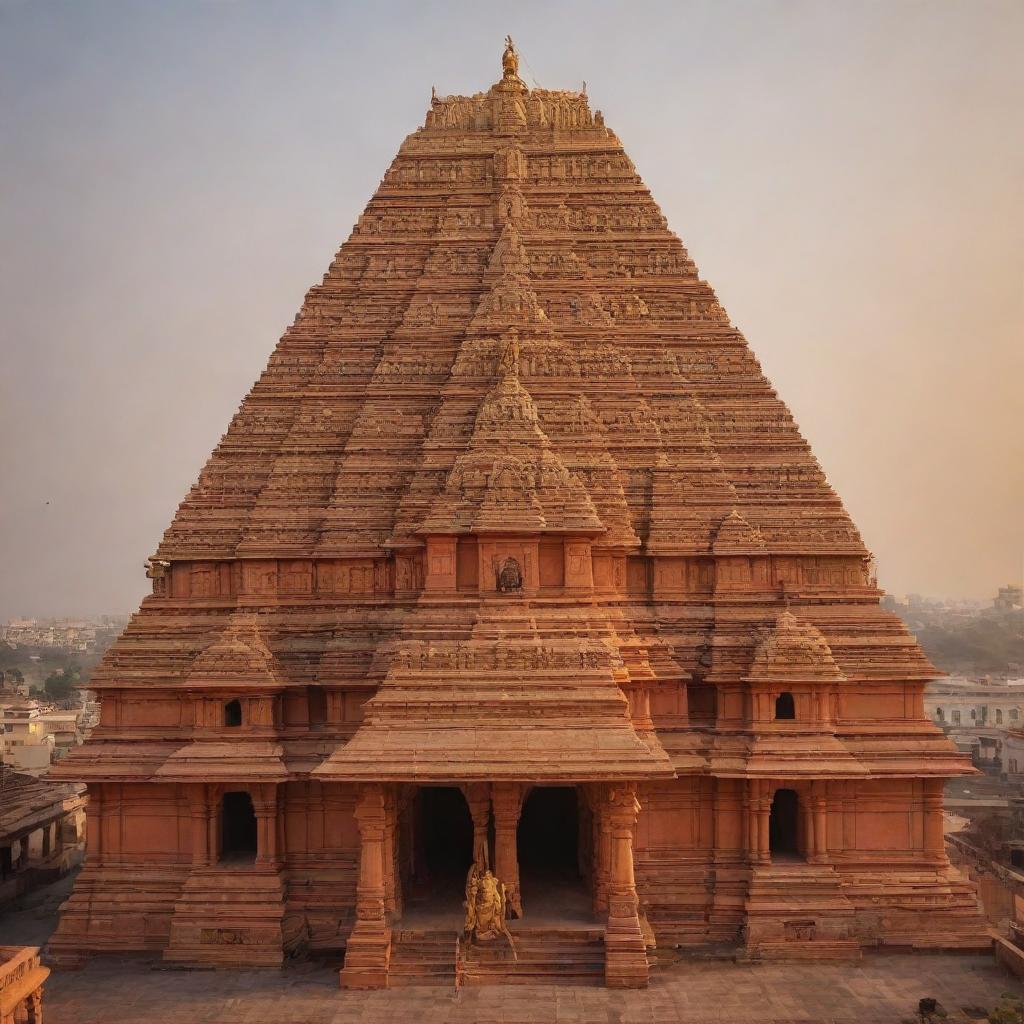 A grand Ram Mandir (temple) with a majestic statue of Lord Rama in the center, bathed in divine golden light.