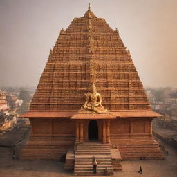 A grand Ram Mandir (temple) with a majestic statue of Lord Rama in the center, bathed in divine golden light.