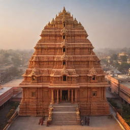 A grand Ram Mandir (temple) with a majestic statue of Lord Rama in the center, bathed in divine golden light.