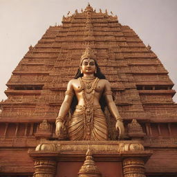 A grand Ram Mandir (temple) with a majestic statue of Lord Rama in the center, bathed in divine golden light.