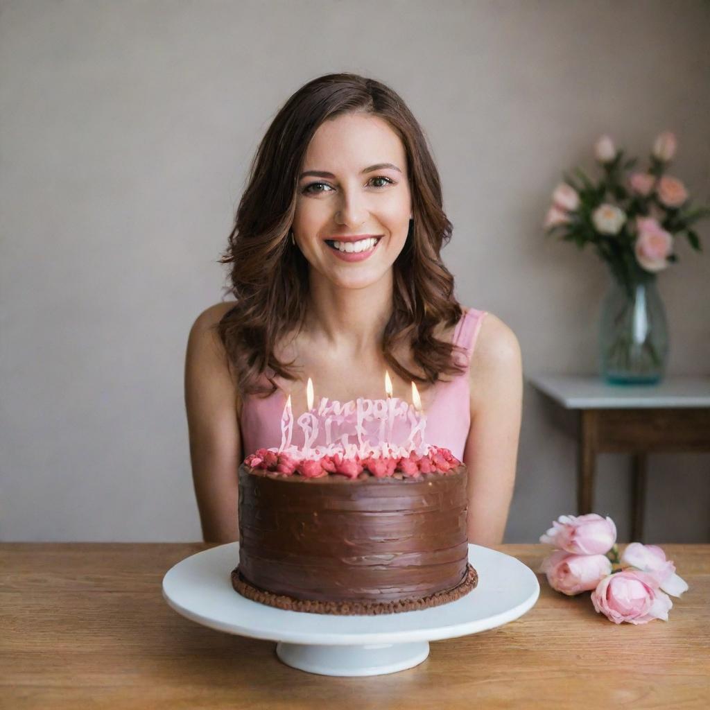 Beautiful lady standing behind a chocolate birthday cake with 'Happy Birthday Pinky' written on it.