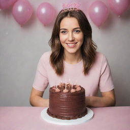 Beautiful lady standing behind a chocolate birthday cake with 'Happy Birthday Pinky' written on it.