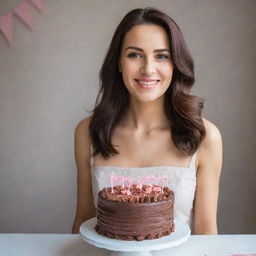 Beautiful lady standing behind a chocolate birthday cake with 'Happy Birthday Pinky' written on it.