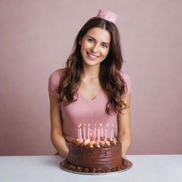 Beautiful lady standing behind a chocolate birthday cake with 'Happy Birthday Pinky' written on it.