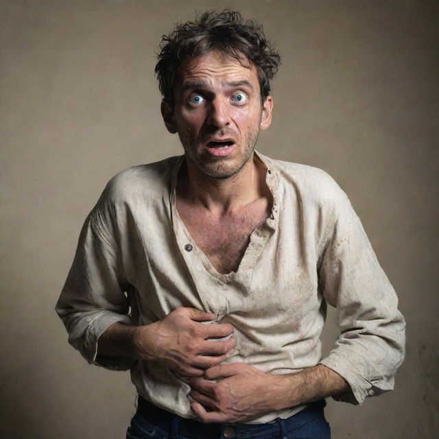 A desperate man with sunken eyes and ragged clothes, clutching his stomach in hunger