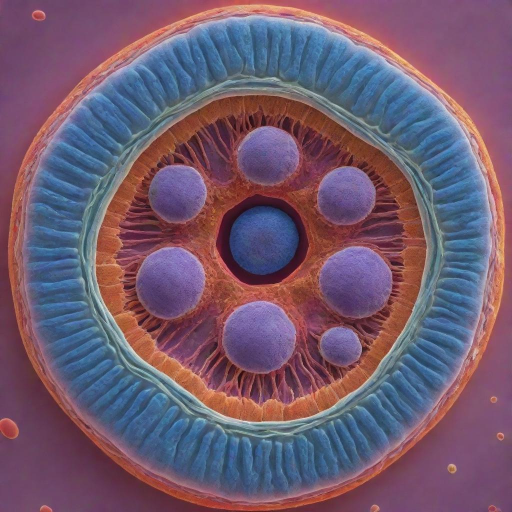 Microscopic view of a detailed, colorful, and realistic human cell showcasing its complex internal structures.