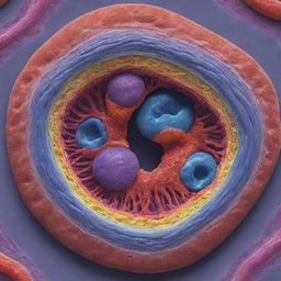 Microscopic view of a detailed, colorful, and realistic human cell showcasing its complex internal structures.