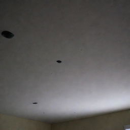 A close-up perspective of a dark and empty bedroom ceiling, seen from one's eye when lying on the side.