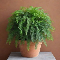 A lush, vibrant Platycerium fern with intricate, green fronds hanging from a high-quality terracotta pot