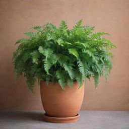 A lush, vibrant Platycerium fern with intricate, green fronds hanging from a high-quality terracotta pot