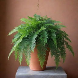 A lush, vibrant Platycerium fern with intricate, green fronds hanging from a high-quality terracotta pot