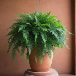 A lush, vibrant Platycerium fern with intricate, green fronds hanging from a high-quality terracotta pot