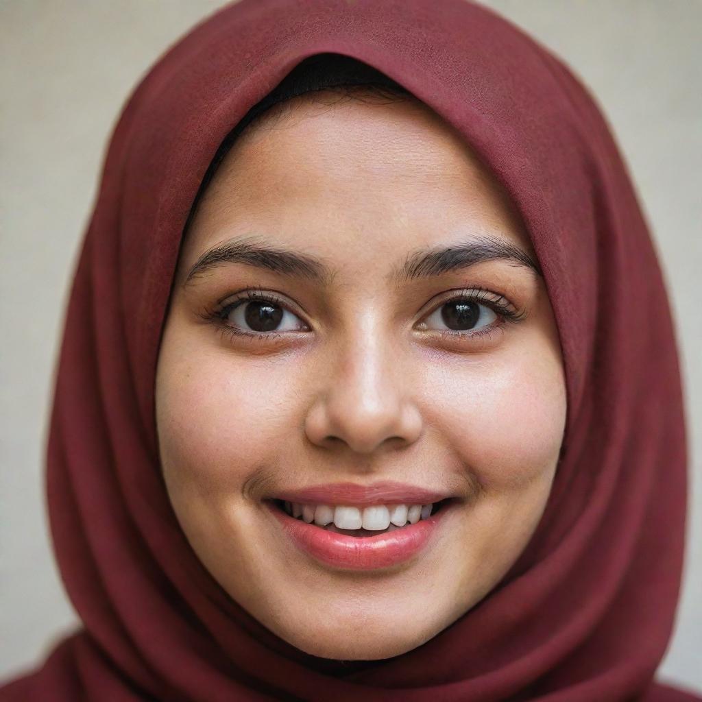 A joyful girl with brown hair, black eyes, a small nose, and petite lips. She has red-toned skin and is wearing a hijab.