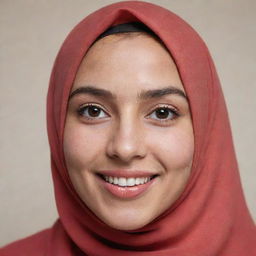 A joyful girl with brown hair, black eyes, a small nose, and petite lips. She has red-toned skin and is wearing a hijab.