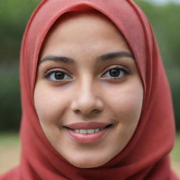 A joyful girl with brown hair, black eyes, a small nose, and petite lips. She has red-toned skin and is wearing a hijab.