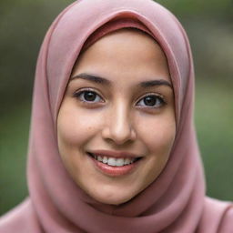 A joyful girl with brown hair, black eyes, a small nose, and petite lips. She has red-toned skin and is wearing a hijab.