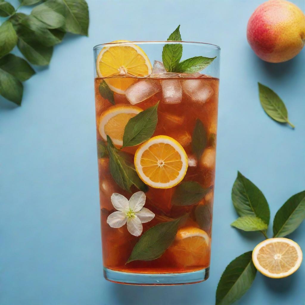 An iced tea surrounded by elements of nature like tea leaves, flowers, and fruits, symbolizing refreshment and natural purity of the beverage.