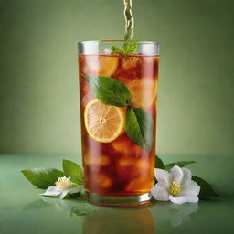 An iced tea surrounded by elements of nature like tea leaves, flowers, and fruits, symbolizing refreshment and natural purity of the beverage.