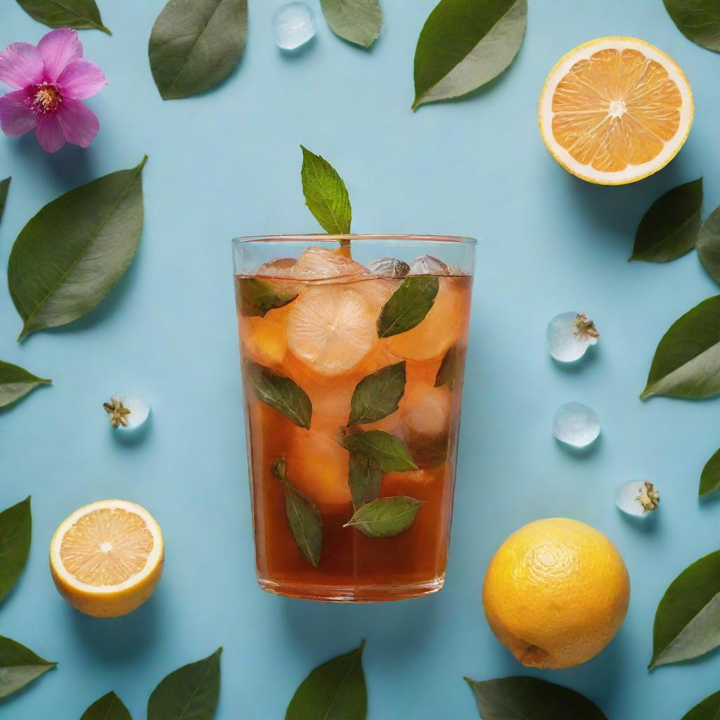 An iced tea surrounded by elements of nature like tea leaves, flowers, and fruits, symbolizing refreshment and natural purity of the beverage.