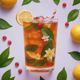 An iced tea surrounded by elements of nature like tea leaves, flowers, and fruits, symbolizing refreshment and natural purity of the beverage.