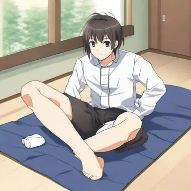The main character in the anime series found solace and rest on a cushioned mat after a tiring day of training.